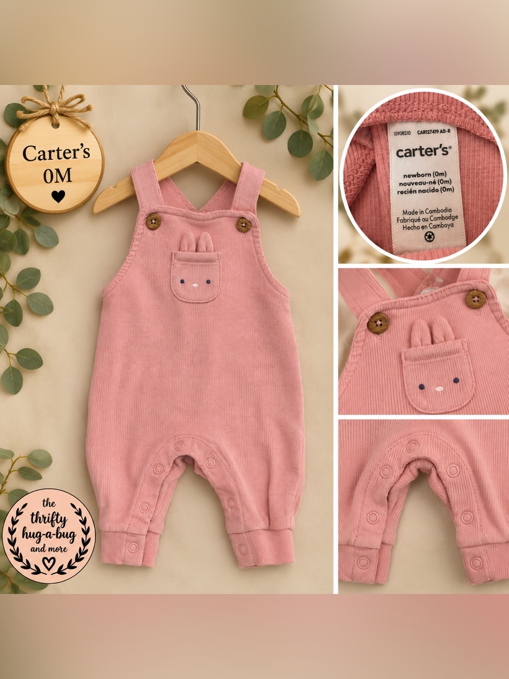 Carter’s Newborn Pink Ribbed Bunny Romper Overalls | 0M